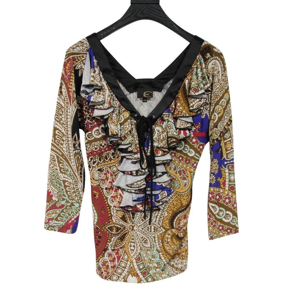 Just Cavalli Corset V Neck Blouse 42 Tan Mozaic Print Long Sleeve Top